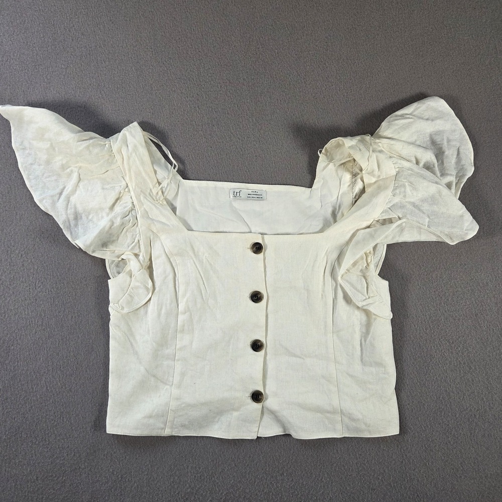 Zara Linen Top Womens Large White Ruffle Sleeve Cropped Tank TRF Collection